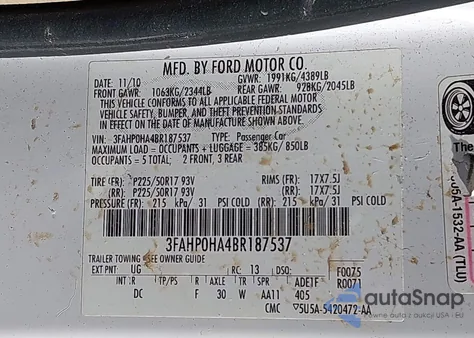 2011 Ford Fusion Se z USA, uszkodzony, nr VIN 3FAHP0HA4BR187537